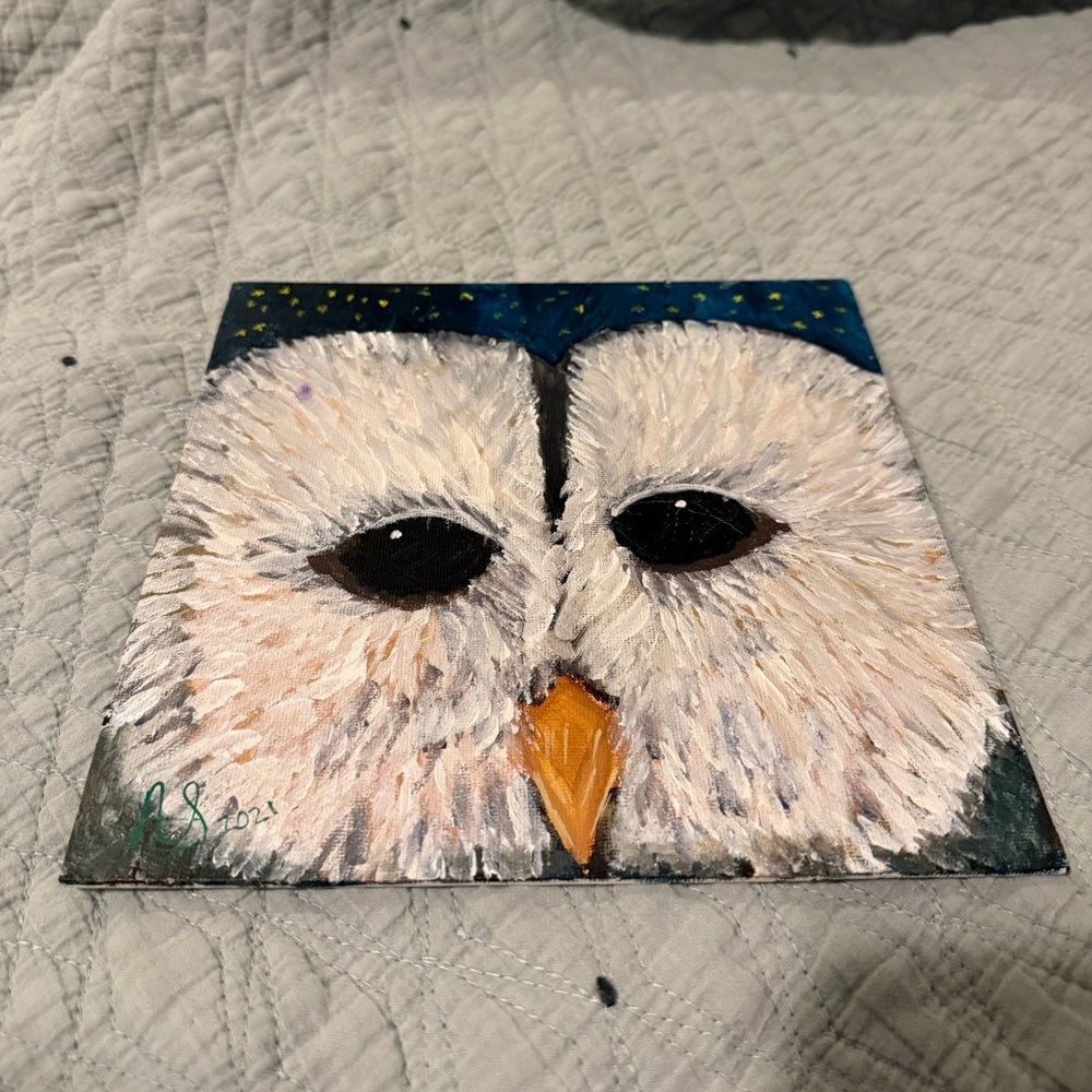 Barn owl face hand crafted painting on canvas board 8 x 8 frameable Wall Decor